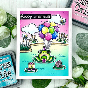 Sunny Studio Hoppy Birthday Frog with Gifts on Lily Pads and Balloons in Pond Card (using Country Scenes Outdoor Border 4x6 Clear Stamps)