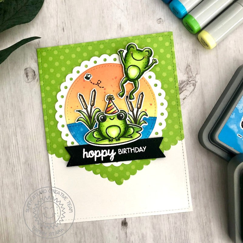 Sunny Studio Hoppy Birthday Punny Frog on Lily Pad with Cattails in Pond Handmade Card (using Feeling Froggy Clear Stamps)