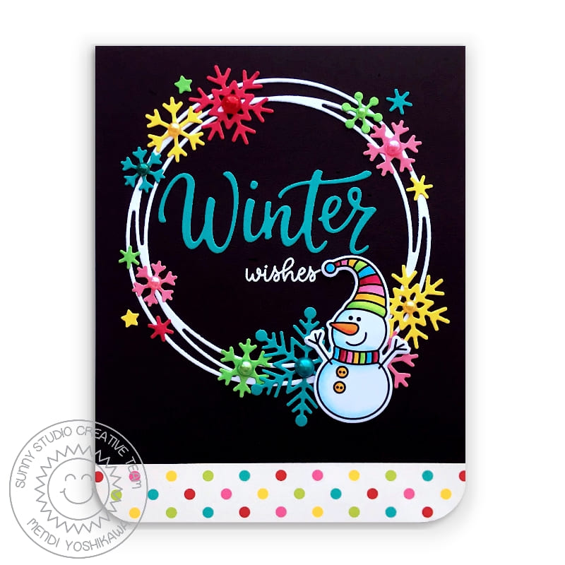 Sunny Studio Stamps Winter Wishes Rainbow Snowflakes against Black Background Polka-dot Snowman Card (using Snowflake Circle Frame Dies)