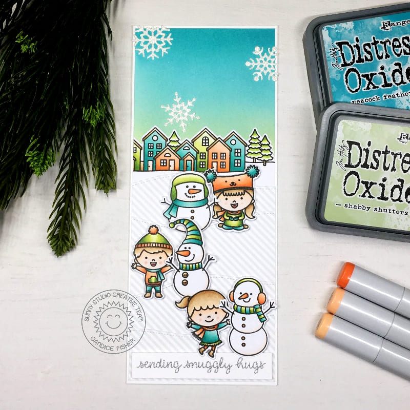 Sunny Studio "Sending Snuggly Hugs" Kids Making Snowmen Holiday Christmas Card using Scenic Route Clear Border Stamps