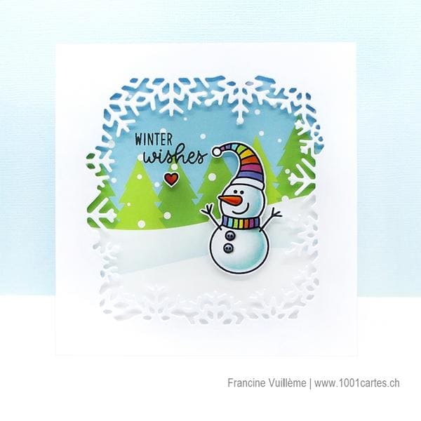 Sunny Studio Stamps Winter Wishes Snowman with Rainbow Hat & Scarf Holiday Christmas Card using Layered Snowflake Frame Dies