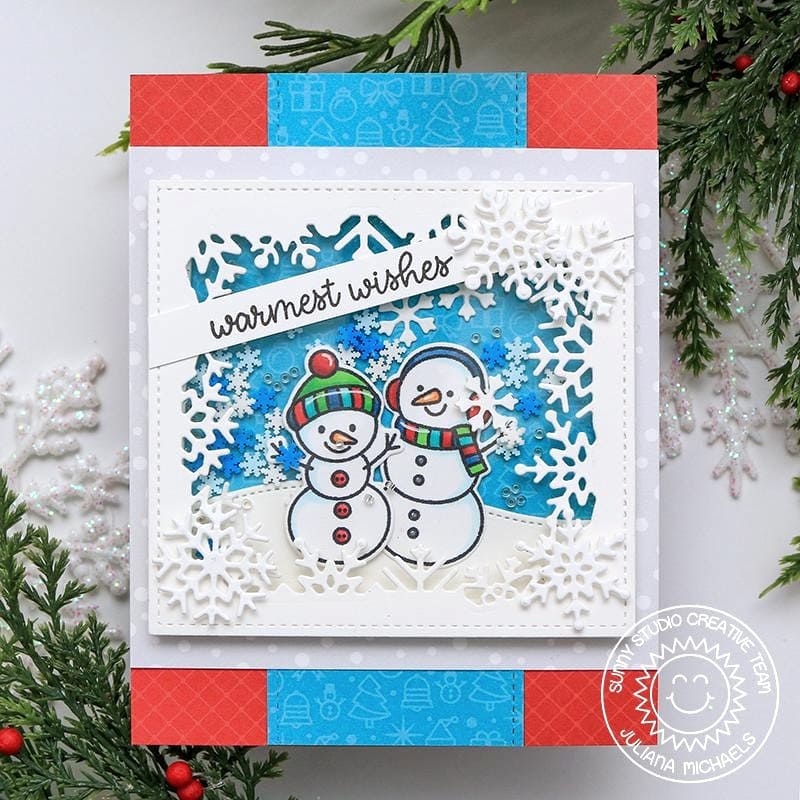 Sunny Studio Stamps Warmest Wishes Red, White & Blue Snowman Winter Holiday Shaker Card using Layered Snowflake Frame Dies
