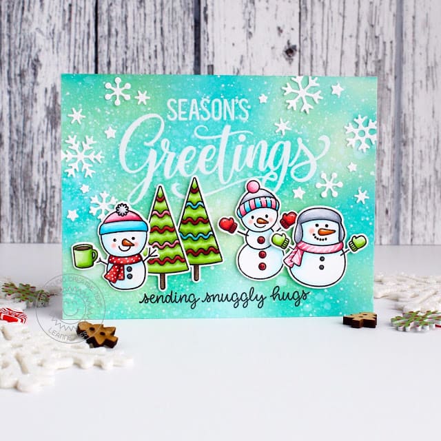 Sunny Studio Stamps Season's Greetings Snowman & Snowflakes Aqua Christmas Holiday Card by Leanne West