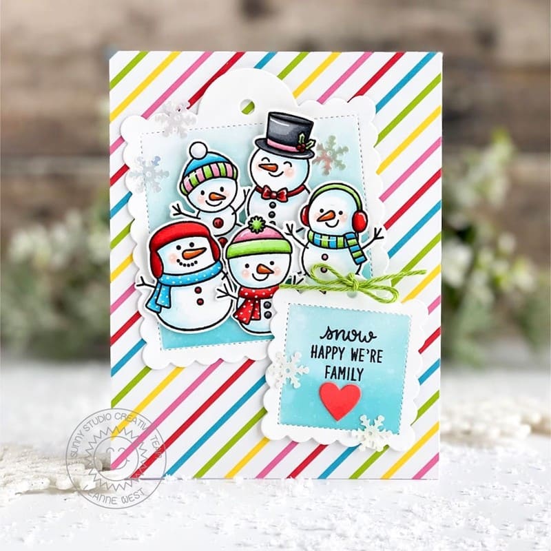 Sunny Studio Stamps Feeling Frosty Rainbow Striped Snowman Handmade Christmas Holiday Card by Leanne West