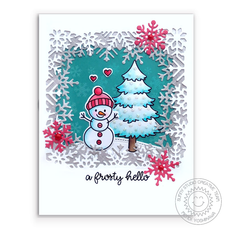 Sunny Studio Stamps A Frosty Hello Pink & Turquoise Snowman Holiday Christmas Card using Layered Snowflake Frame Dies