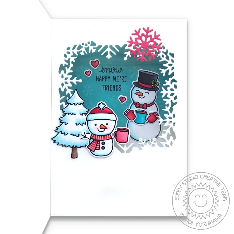 Sunny Studio Stamps A Frosty Hello Pink & Turquoise Snowman Holiday Christmas Card Inside using Layered Snowflake Frame Dies