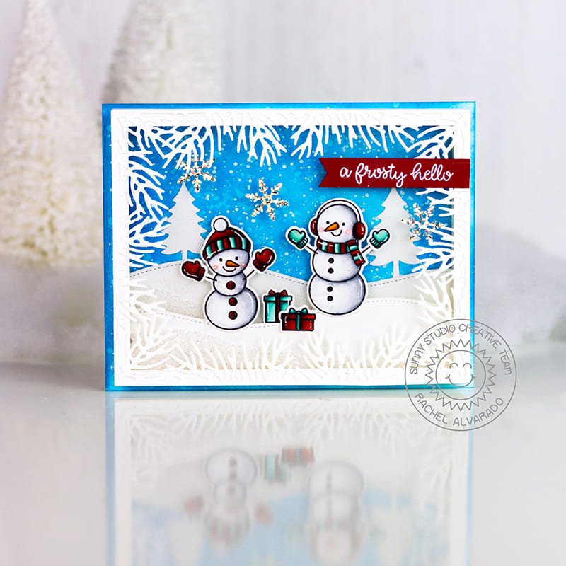 Sunny Studio Stamps Red, White and Blue Handmade Snowman Holiday Card by Rachel (using Christmas Garland Frame Dies)