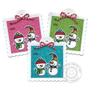 Sunny Studio Snowmen Scalloped Holiday Christmas Gift Tags using "to" & "from" stamp from Season's Greetings Sentiment Stamps