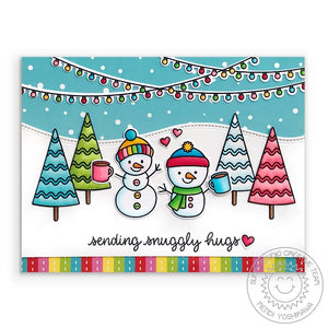 Sunny Studio Sending Snuggly Hugs Snowman with Strung Lights Rainbow Holiday Christmas Card using Scenic Route Stamps