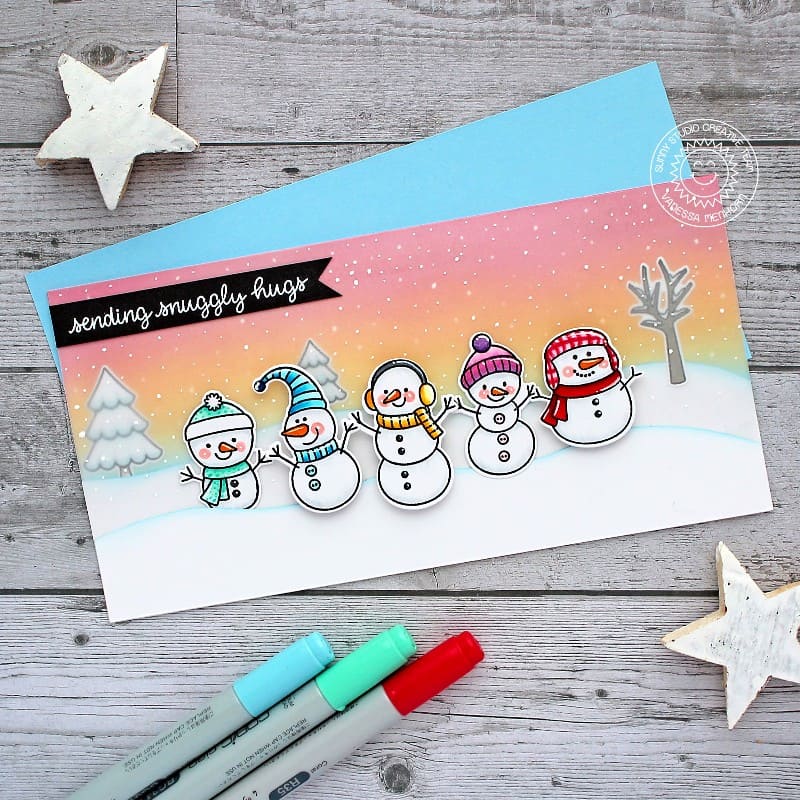 Sunny Studio Stamps Sending Snuggly Hugs Winter Snowman Slimline Holiday Christmas Card using Feeling Frosty Clear Stamps