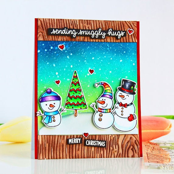 Sunny Studio Stamps Snowmen Wood Embossed Holiday Christmas Card (using Woodgrain 6x6 Embossing Folder)