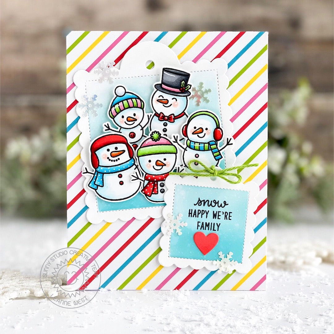 Sunny Studio Stamps Snowman Rainbow Striped Handmade Christmas Holiday Card by Leanne West (using Very Merry 6x6 Patterned Paper Pack)