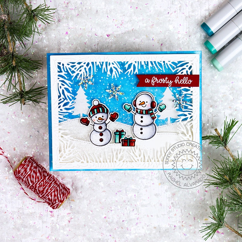 Sunny Studio Stamps White Snowy Hills Snowman Handmade Holiday Christmas Card by Rachel (using stitched Woodland Hillside Border Dies)