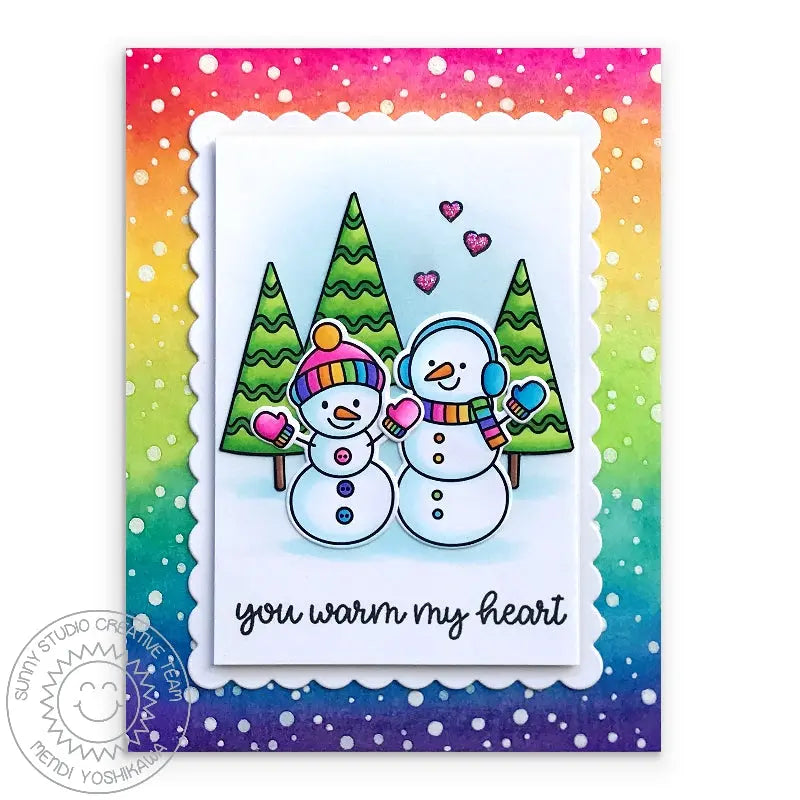 Sunny Studio Rainbow Snowflakes and Snowmen Winter Holiday Christmas Card by Mendi Yoshikawa (using Frosty Flurries 2x3 Background Stamps)