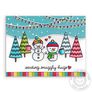 Sunny Studio Stamps "Sending Snuggly Hugs" Rainbow Snowman Holiday Christmas Card (using stitched Woodland Hillside Border Dies)