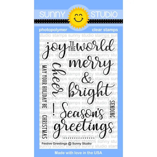 Sunny Studio Stamps Festive Greetings Christmas Holiday Sentiments 3x4 Photo-polymer Clear Stamp Set