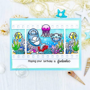 Sunny Studio Manatee, Jellyfish, Coral & Fish with Filmstrip Frame Window Summer Ocean Card (using Fintastic Friends Stamps)