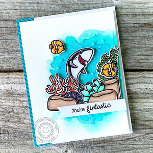 Sunny Studio You're Fintastic Punny Shark with Fish Ocean Coral Card with Watercolor Background (using Ocean View Clear Stamps)
