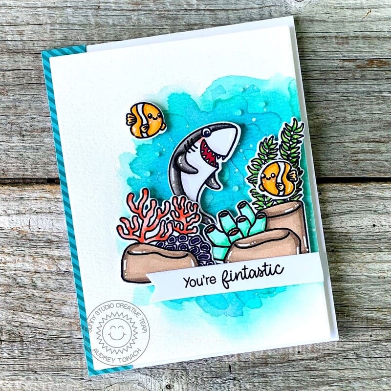 Sunny Studio Punny Shark with Fish Ocean Coral Card with Watercolor Background (using Fintastic Friends 4x6 Clear Stamps)