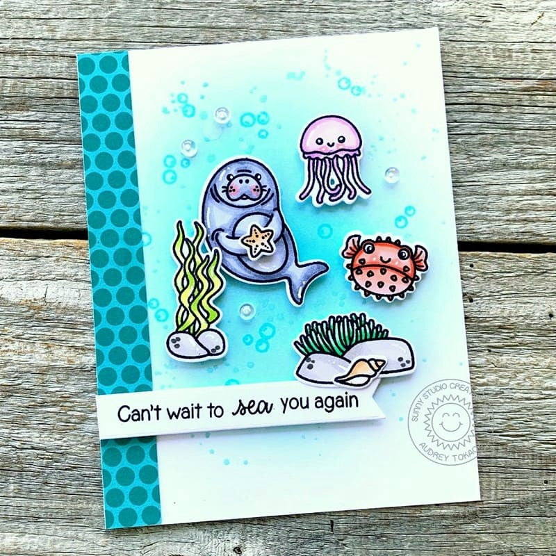 Sunny Studio Punny Can't Wait To Sea You Again Ocean Themed Summer Card (using Fintastic Friends 4x6 Clear Stamps)