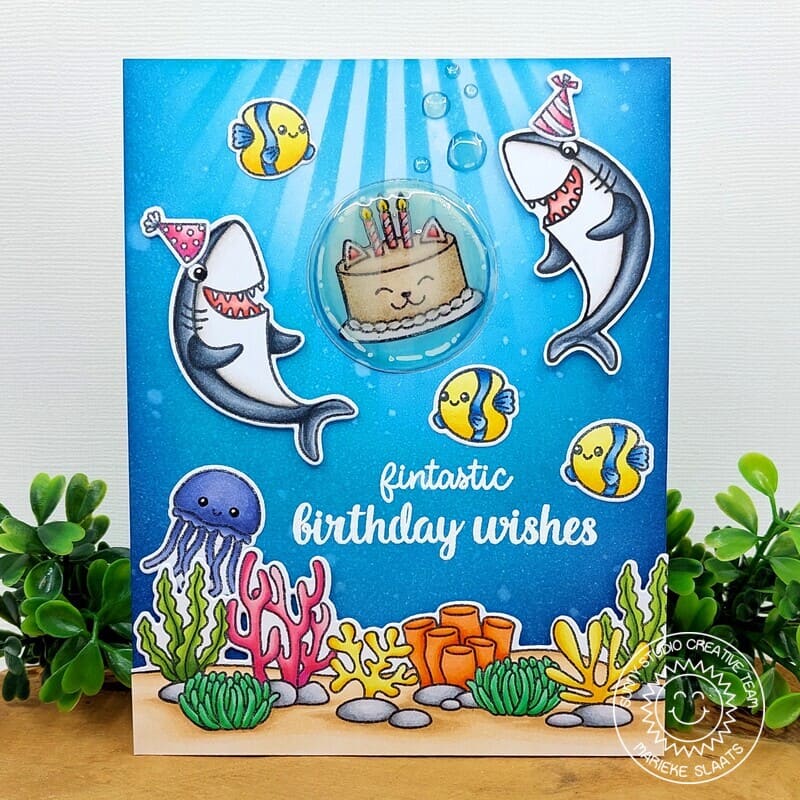 Sunny Studio Shark, Fish & Coral Ocean Themed Birthday Wishes Card (using Fintastic Friends 4x6 Clear Stamps)