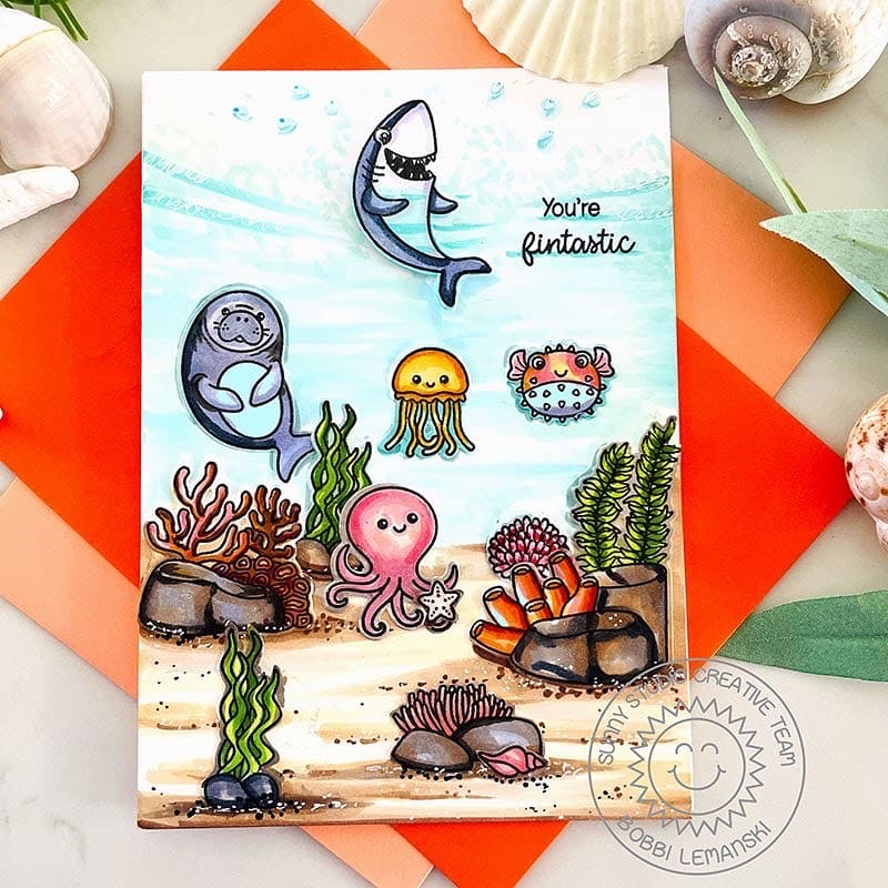 Sunny Studio Shark, Manatee, Jellyfish & Octopus with Coral Summer Card (using Fintastic Friends 4x6 Clear Stamps)