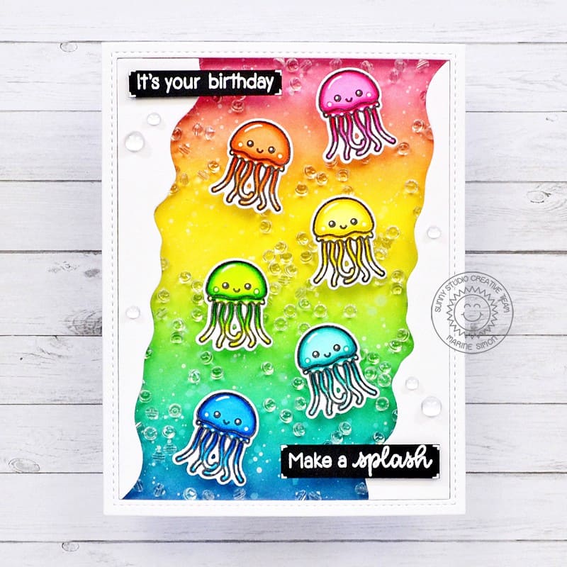 Sunny Studio Make A Splash Rainbow Jellyfish Ocean Themed Birthday Card (using Fintastic Friends 4x6 Clear Stamps)