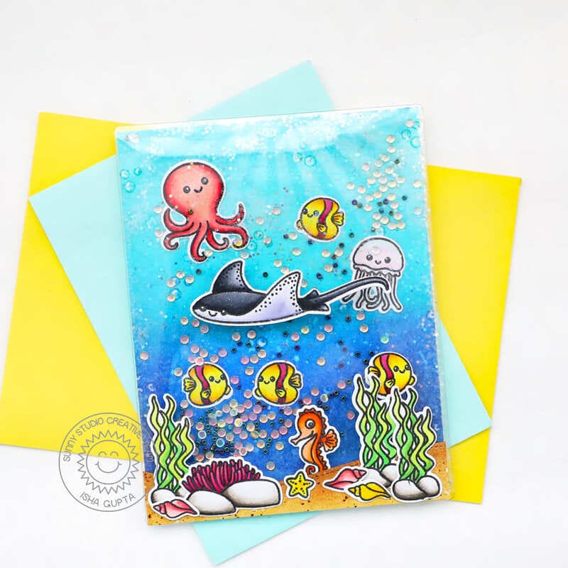 Sunny Studio Octopus, Jellyfish & Stingray Ocean Themed Summer Shaker Card (using Fintastic Friends 4x6 Clear Stamps)