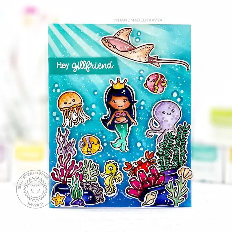 Sunny Studio Hey Gillfriend Punny Mermaid & Fish Ocean Themed Friendship Card (using Magical Mermaids Clear Stamps)