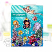 Sunny Studio Hey Gillfriend Punny Mermaid with Fish & Coral Friendship Card (using Ocean View 4x6 Clear Stamps)