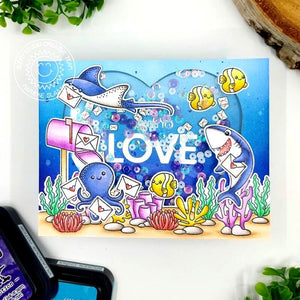 Sunny Studio Sending Love Fish with Mailbox & Letters Ocean Valentine's Day Card using Tropical Scenes 4x6 Clear Border Stamp