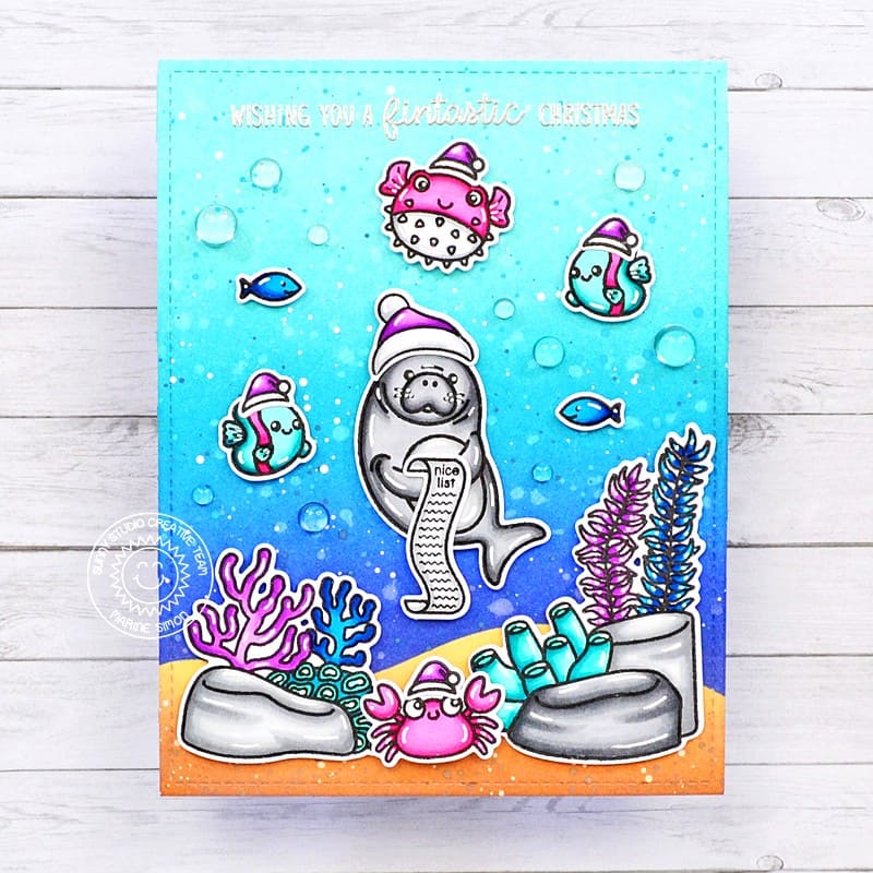 Sunny Studio Ocean Themed Manatee Punny Tropical Holiday Christmas Card (using Fintastic Friends 4x6 Clear Stamps)