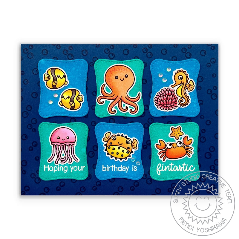 Sunny Studio Stamps Ocean Fish Punny Fintastic Birthday Card (using Wonky Windows stitched Metal Cutting Dies)