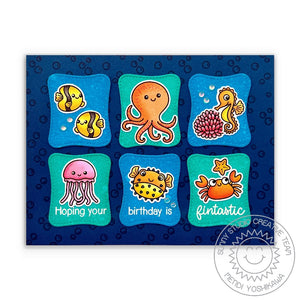 Sunny Studio Ocean Themed Grid Style Punny Fish Summer Birthday Card (using Fintastic Friends 4x6 Clear Stamps)