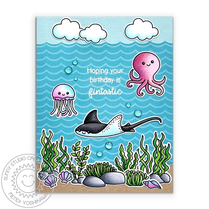 Sunny Studio Jellyfish, Octopus & Stingray in Ocean Waves Punny Birthday Card (using Fintastic Friends 4x6 Clear Stamps)