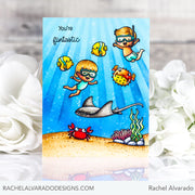 Sunny Studio You're Fintastic Kids Snorkling with Fish & Sunrays in Ocean Summer Card (using Kiddie Pool 4x6 Clear Stamps)