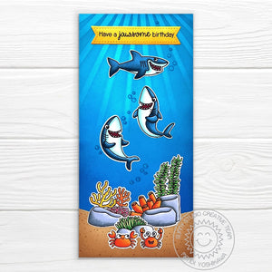 Sunny Studio Jawsome Shark Themed Ocean Coral & Plants Punny Slimline Birthday Card (using Ocean View 4x6 Scene Clear Stamps)