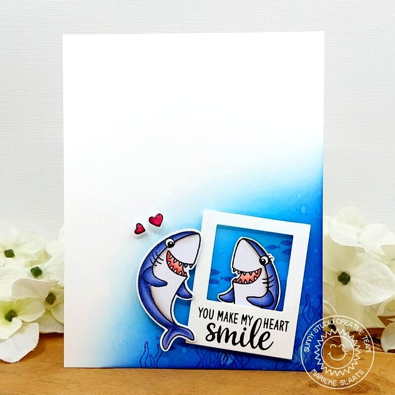 Sunny Studio You Make My Heart Smile Shark Ocean Themed Summer Polaroid Card (using Fintastic Friends 4x6 Clear Stamps)