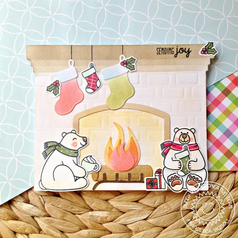 Sunny Studio Stamps A2 Fireplace Shaped Christmas Card with Hanging Stockings & Polar Bears by Franci