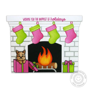 Sunny Studio Stamps Dog In Gift Box By the Fire Holiday Christmas Card (using Fireplace Shaped A2 Metal Cutting Dies)
