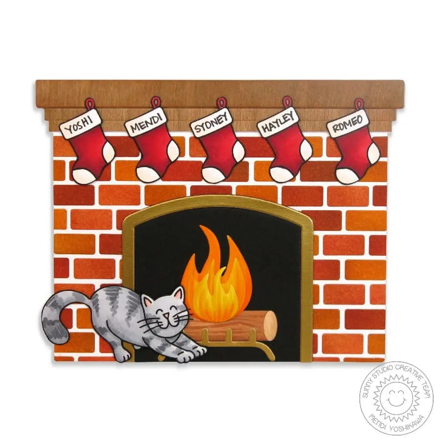 Sunny Studio Stamps Kitty Stretching By the Fire Personalized Holiday Christmas Card (using Fireplace Shaped A2 Metal Cutting Dies)