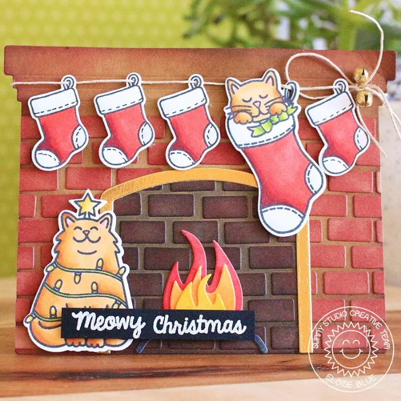 Sunny Studio Stamps A2 Fireplace Shaped Christmas Card with Hanging Stockings with Cats by Eloise Blue