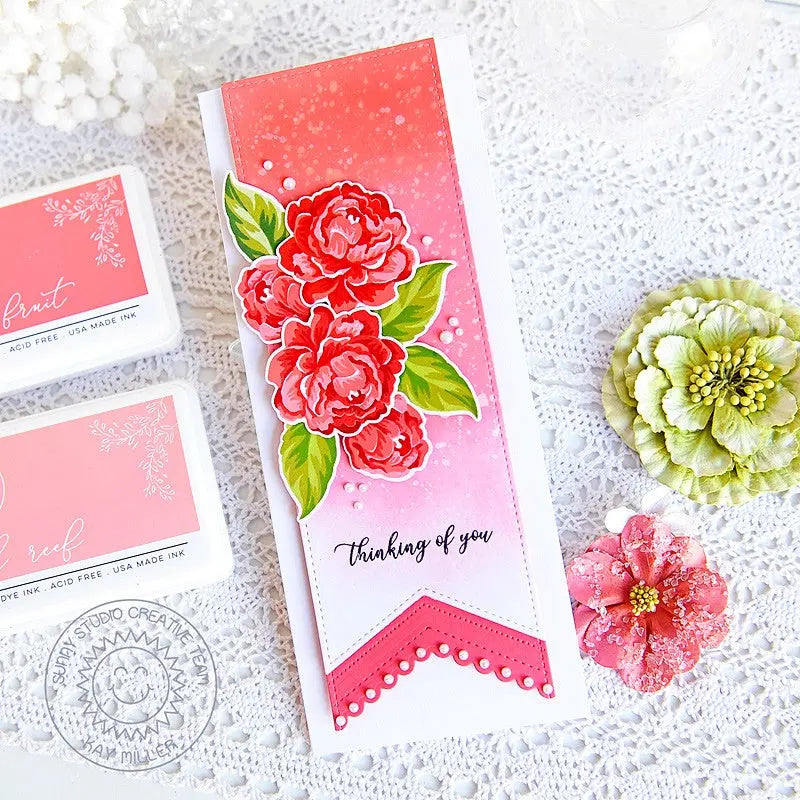 Sunny Studio Stamps Thinking of You Peonies Captivating Camellias Layering Layered Floral Flowers Slimline Scalloped Card (using Fishtail Banner II 2 Metal Cutting Dies)