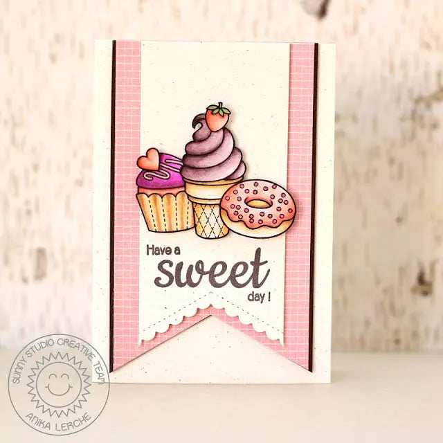 Sunny Studio Stamps Have A Sweet Day Ice Cream Cone, Cupcake & Donut Pink Handmade Card (using Sweet Shoppe 4x6 Clear Photopolymer Stamp Set)
