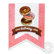 Sunny Studio Stamps Pink & Brown Sweet Birthday Wishes Scalloped Donut Handmade Card using Fishtail Banner II Metal Craft Die