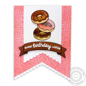 Sunny Studio Stamps Pink & Brown Sweet Birthday Wishes Scalloped Donut Handmade Card (using Fishtail Banner II Metal Cutting Dies)