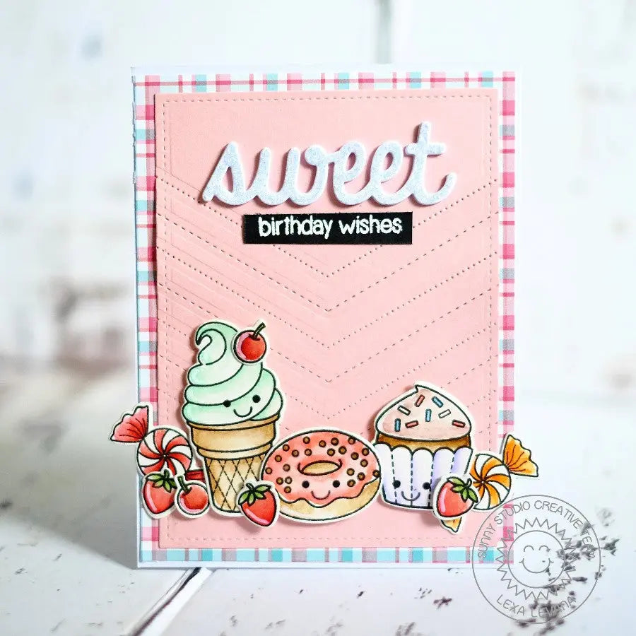 Sunny Studio Stamps Ice Cream Cone, Donut & Cupcake Stitched Chevron Birthday Wishes Card with using Fishtail Banner II Dies