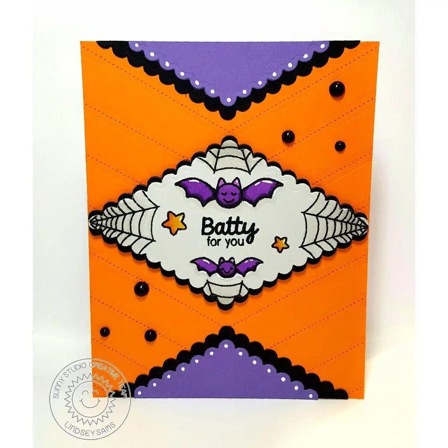 Sunny Studio Stamps Batty For You Halloween Bat Handmade Card with Scalloped Edge using Fishtail Banner II Metal Cutting Dies