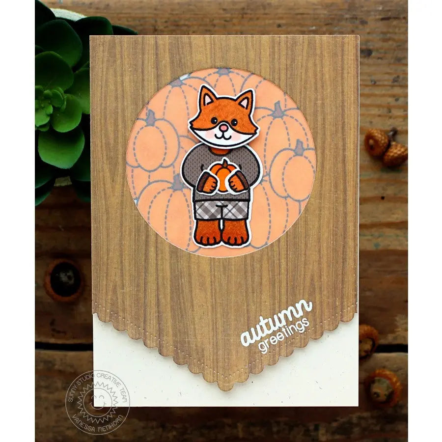 Sunny Studio Stamps Autumn Greetings Fox with Pumpkins Handmade Scalloped Card (using Fishtail Banner II 2 Metal Cutting Dies)