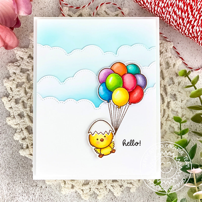 Sunny Studio Chick Hanging by Floating Balloons with Stitched Fluffy Cloud Border Spring Card using Chickie Baby Clear Stamp